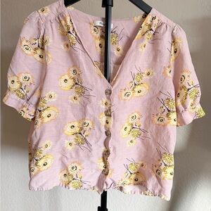 Madewell Pink Linen-Blend Floral Button Front Top